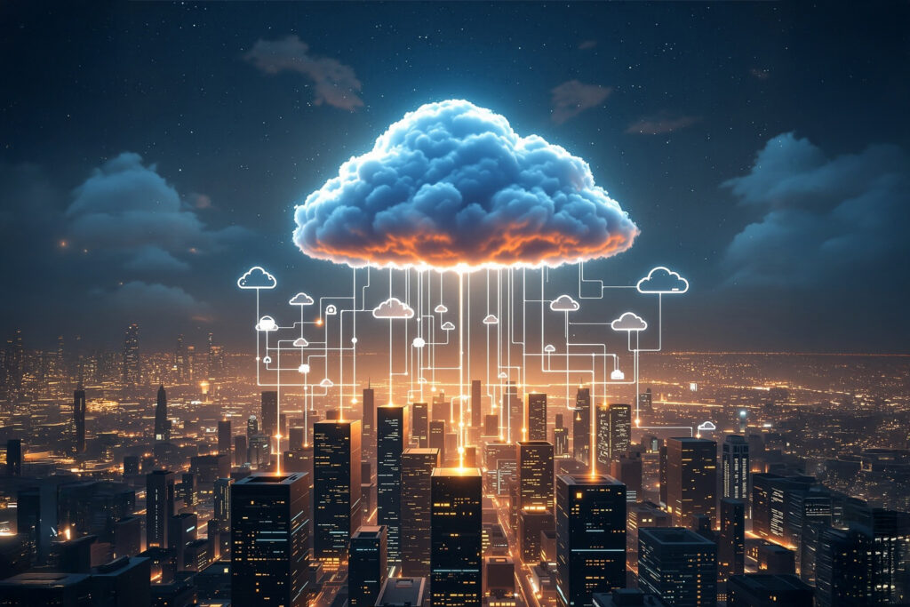 Nuvola cloud luminosa sopra una città con connessioni digitali, simbolo dell’infrastruttura cloud e dei costi dell’AI